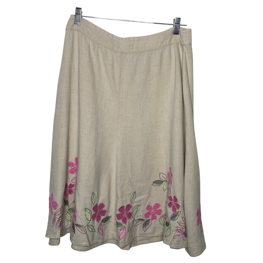 Christopher & Banks Skirt‎ Womens 10 Beige Linen Blend Floral Embroidered Midi